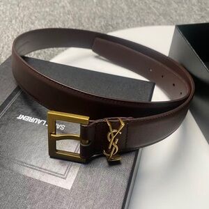 YSL Brown Leather Belt 85CM / 34in – Gold Logo –Box & Dust Bag